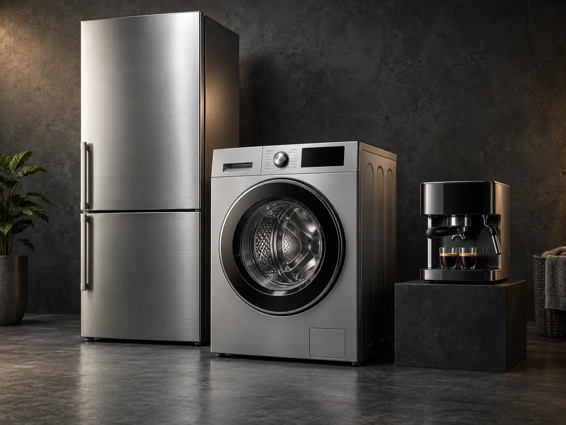 Composition d’un réfrigérateur inox, d’un lave-linge à hublot et d’une machine à expresso dans un studio industriel