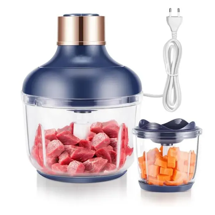 06l + 2L Hachoir Electrique Bol Préparation Hachoir Multifonction 2 Vitesses 4 Lames Acier Inoxydable avec récipient en verre