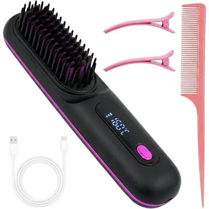 1 Brosse lissante sans fil Affichage LED 3 niveaux température Peigne chauffant portable Usage domicile voyage .