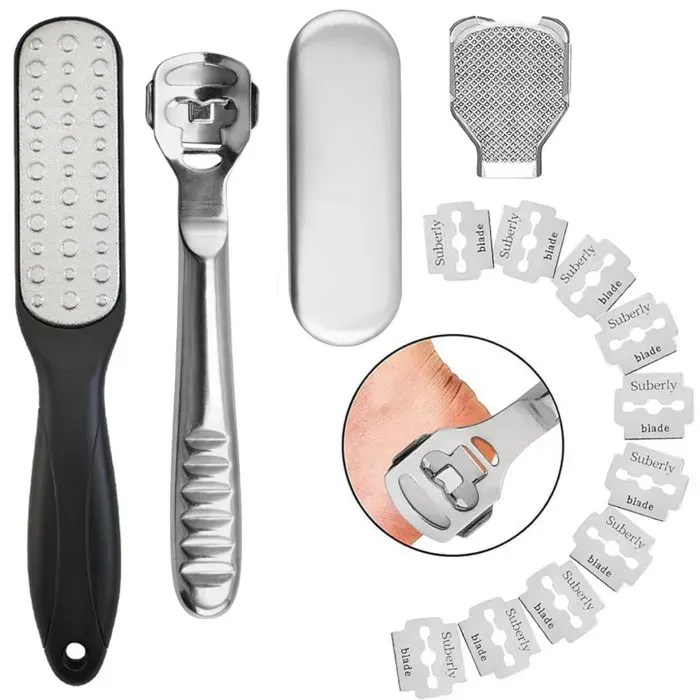 1 kit soin pieds professionnel rasoir anti-callosités + pierre ponce + manche ergonomique pour peau lisse à domicile .