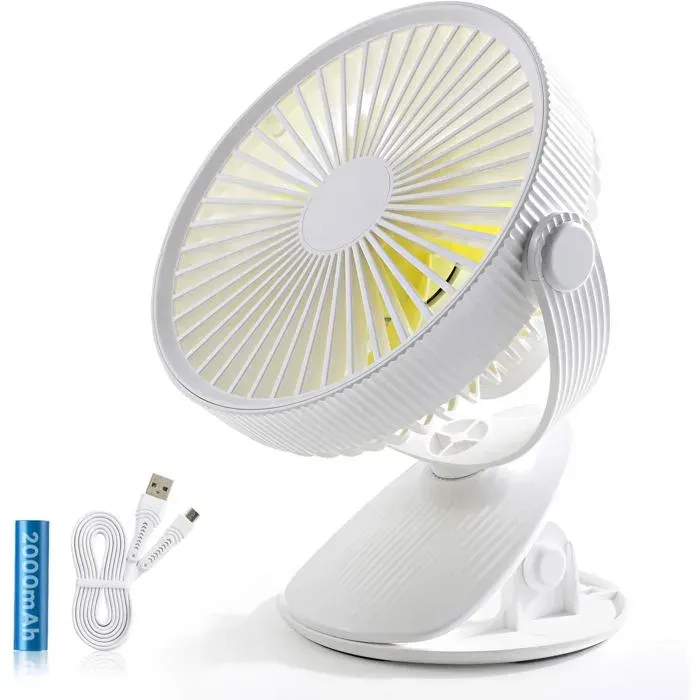1 Ventilateur de table 3 vitesses rotation 720° batterie rechargeable USB pour bureau maison voyage . — coloris Blanc