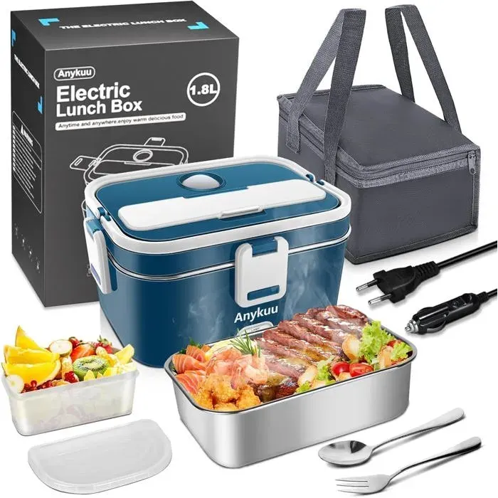 100W Gamelle Chauffante Electrique 1.8 L Chauffage Rapide 12V/24V 220V/240V Lunch Box Chauffante Electrique pour la Maison et la