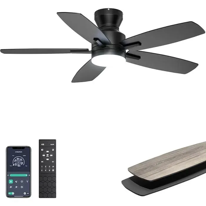 106 cm Ventilateur de plafond avec éclairage silencieux télécommande et contrôle via appliion éclairage Noir 106 cm