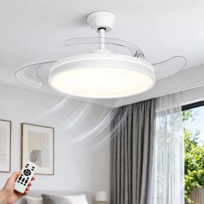 106cm Rétractable Ventilateur Plafond avec Lumiere et Telecommande6 Vitesses Réversible3 Températures de CouleurSilencieux Blanc