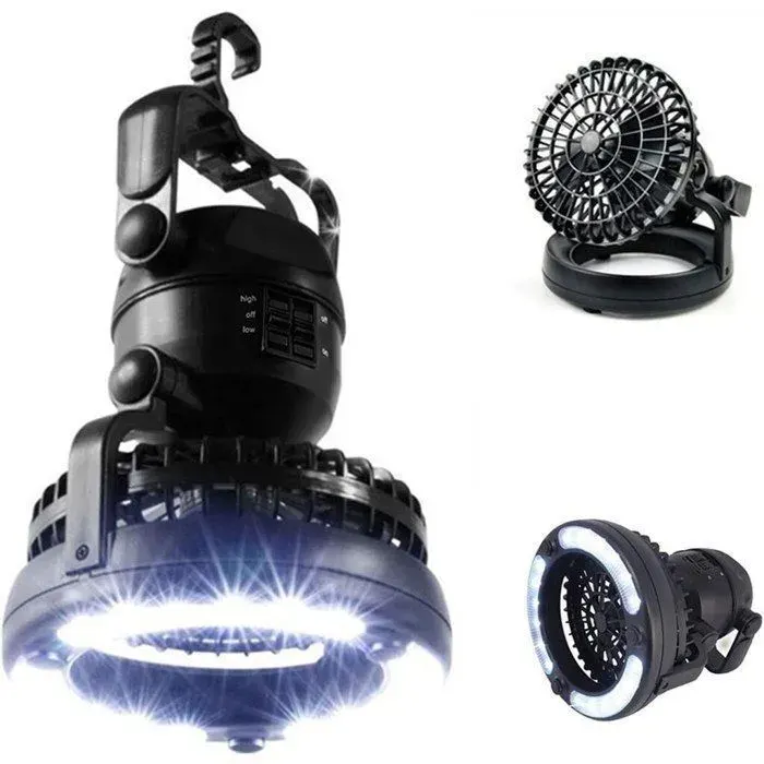 10PCS Ventilateur de camping 2-en-1 avec LED portable suspendu6 pouces 2 vitesses rotation 360° à piles – Noir