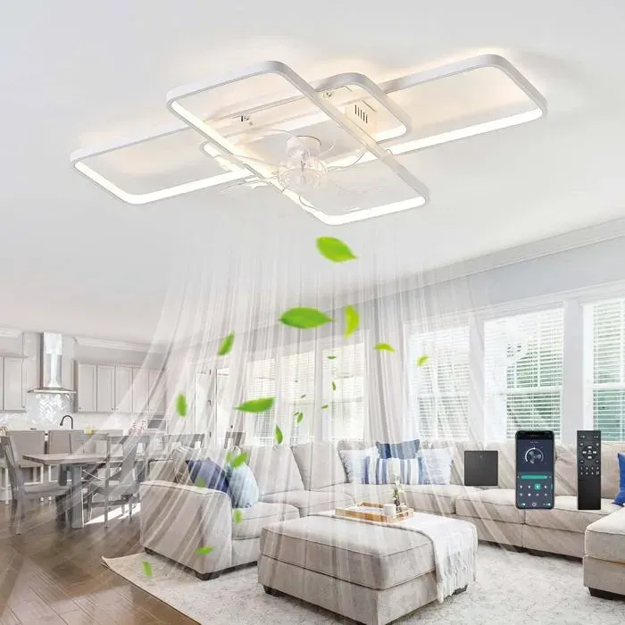 120W Ventilateur Plafond Avec Lumiere Moderne LED Dimmable Lustre Ventilateur Avec Télécommande Réversible 6 Vitesses -White102cm