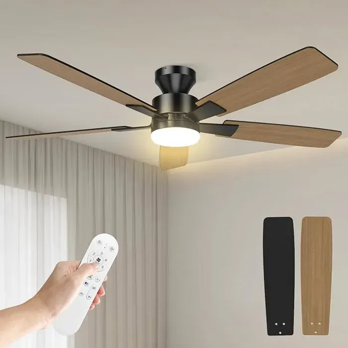 132cm Grand Débit du2019Air Ventilateur Plafond avec Lumière Silencieux Plafonnier Ventilateur avec Bois Foncé / Noir