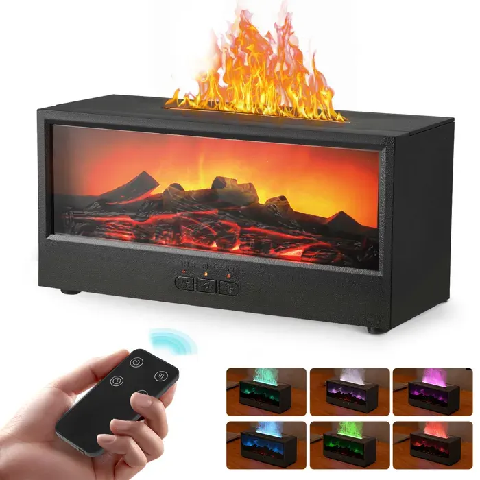 150ML Humidificateur dair Chambre avec Cheminée LED Couleur de 7 Flammes Diffuseur Huiles Essentielles Flamme pour la Maison