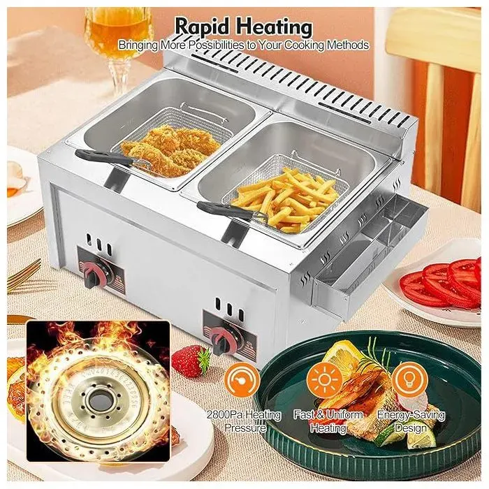 16L Double Réservoir Friteuse À Gaz - Friteuse À Gaz - Acier inoxydable - Bleu frit*2 -Grande capacité Friteuse-Vanne basse pression