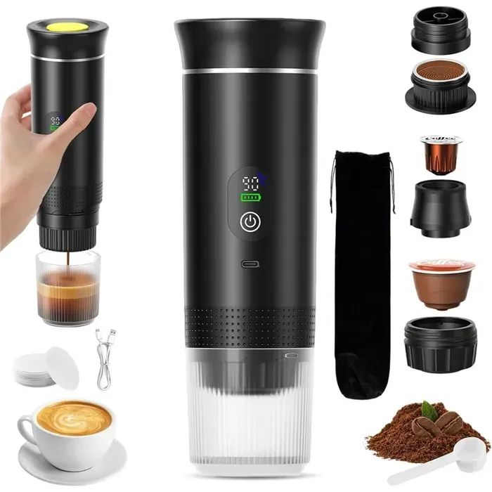 1pcs Café portable – HAWUJ – Machine à espresso sans fil 20 Bar – Avec écran numérique – pour le camping la randonnée et le bureau