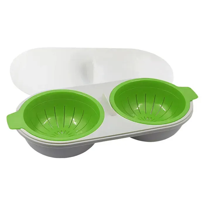 2 Cuiseur à œufs Silicone alimentaire 2 cavités Égouttoir amovible Micro-ondes Petit-déjeuner . — coloris Vert