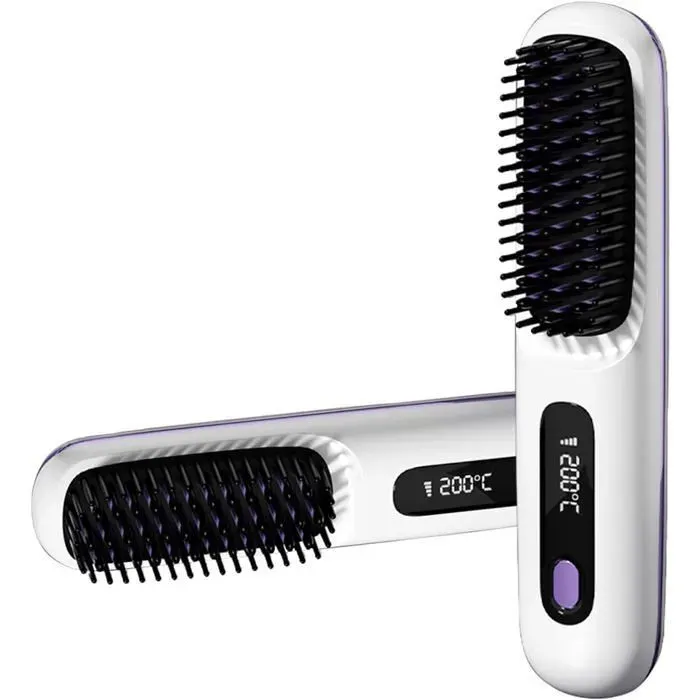 2 en 1 Fer à Lisser à ions Négatifs Brosse à Lisser Sans filMini Lisseur PortableLisseur Chauffant Peigne À Cheveux Blanc