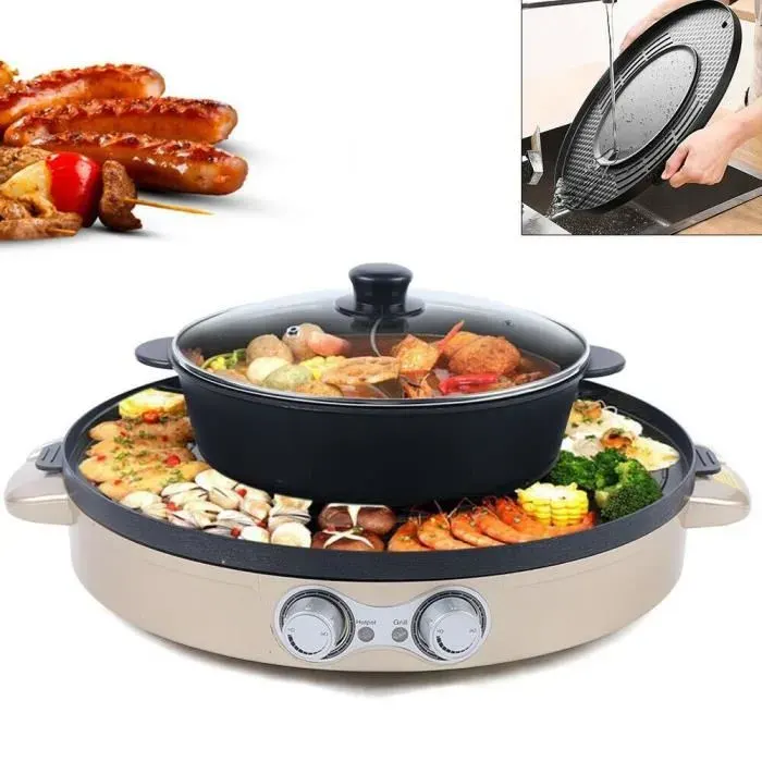 2 en 1 Grill électrique Hot Pot BBQ Double Pot revêtement antiadhésif sans fumée 2200 W