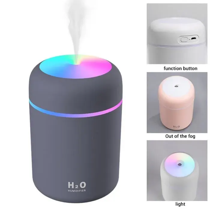 2 EN 1 Mini Humidificateur dAir 300ML Arrêt Auto Veilleuse colorée silencieux pour Chambre Bureau Gris foncé