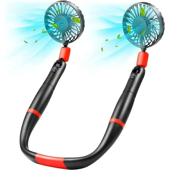 2 en 1 Ventilateur de Couventilateur à mainUSB rechargeableavec affichage LED et Flux d’air à 360°pour BureauEn Plein Airnoir