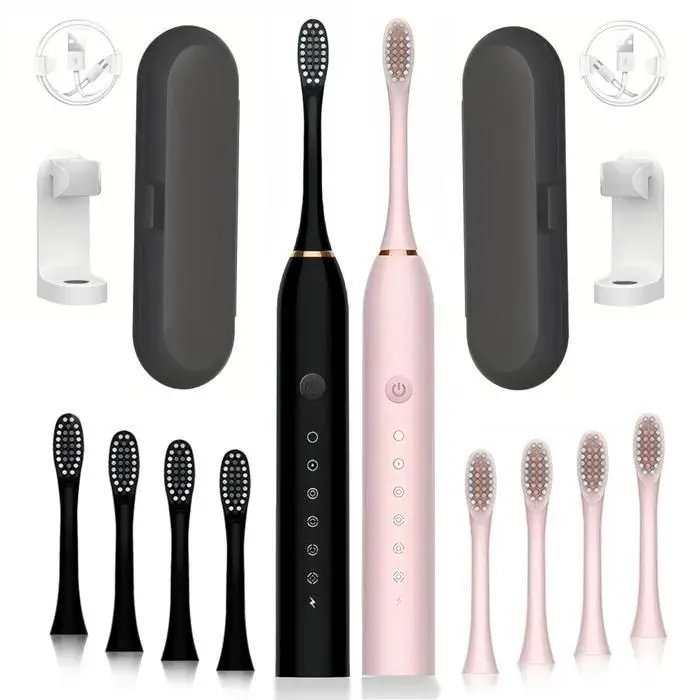 2 PCS Brosse à dents électrique sonique avec étui de voyage&Tenture murale 8 têtes de brosse 6 modes de nettoyage IP7X-X3noir+rose