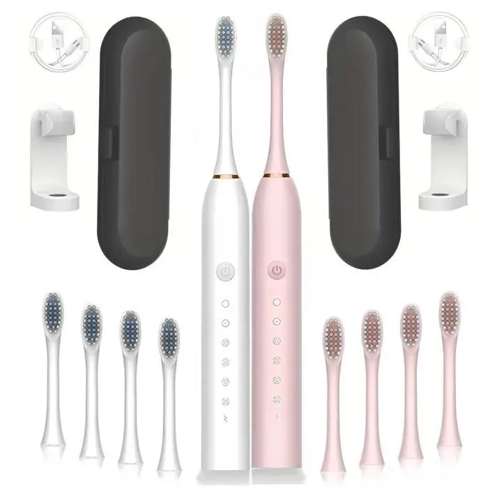 2 PCS Brosse à dents électrique sonique avec étui de voyage&Tenture murale 8 têtes de brosse 6 modes de nettoyage IP7XX3blanc +