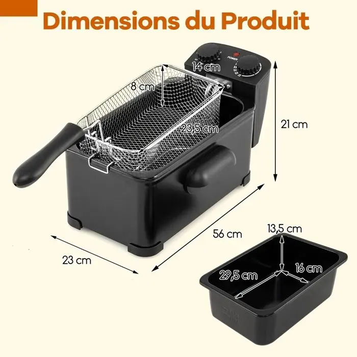 2000W friteuse électrique 3L thermostat 150-190°C et minuterie 60 min pour frites et snacks maison
