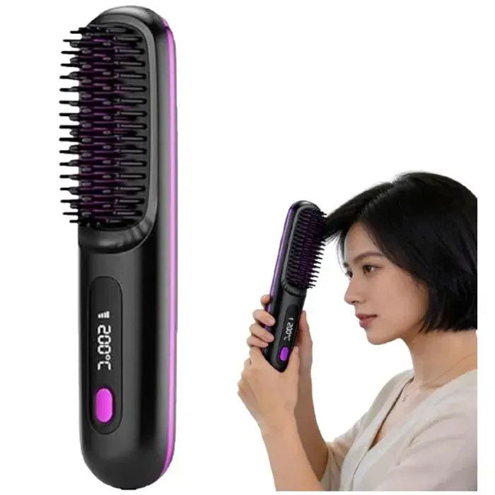 2026 Peigne Lissant Chauffant En CéRamique Sans FilBrosse Coiffante Pour Cheveux CourtsCordless Ceramic Heated Hair (Black)
