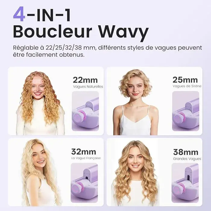 22/25/32/38mm Régble Boucleur Wavy 4 In 1 Boucleur a Cheveux Boucleur 3 TeteAnti brûlureConvient aux DébutantsViole FER A FRISER
