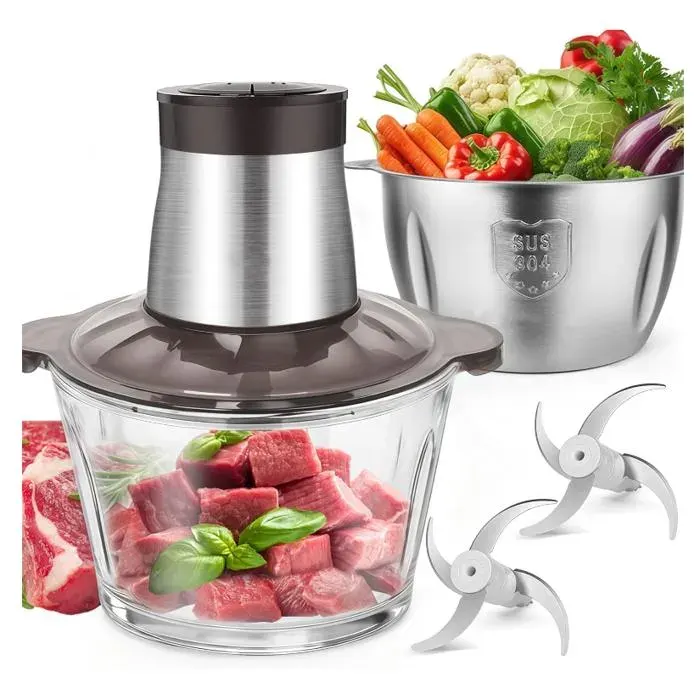 2L+1.8L Hachoir Électrique En Acier Inox 600w 2 Vitesses 4 Lames En Acier Inoxydable Coupe Julienne Dans Un Récipient En Verre