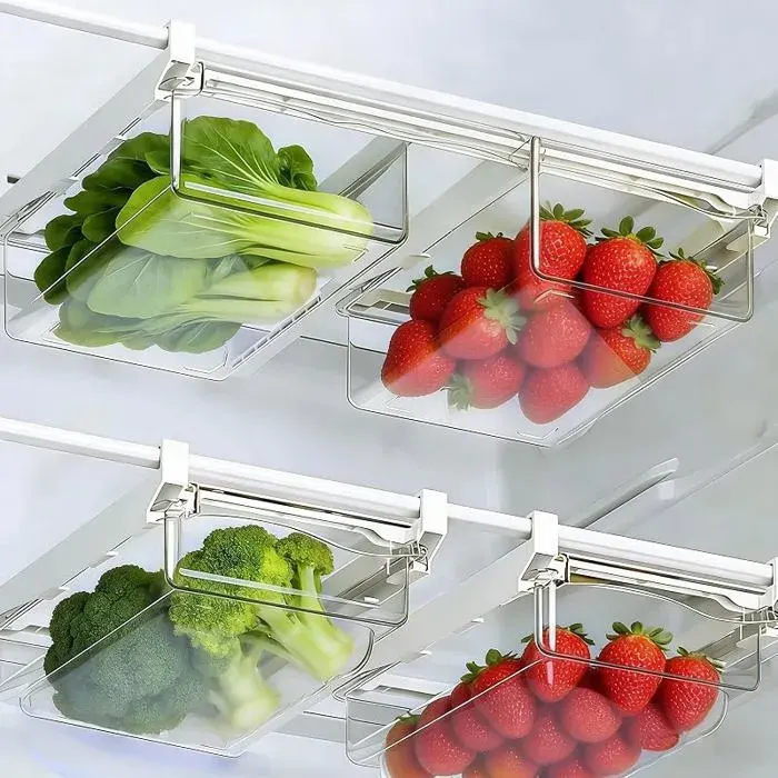 2PCS Organisateur Frigo Tiroir Coulissant Universel Boîte De Rangement Réfrigérateur Extensible Transparente Bac