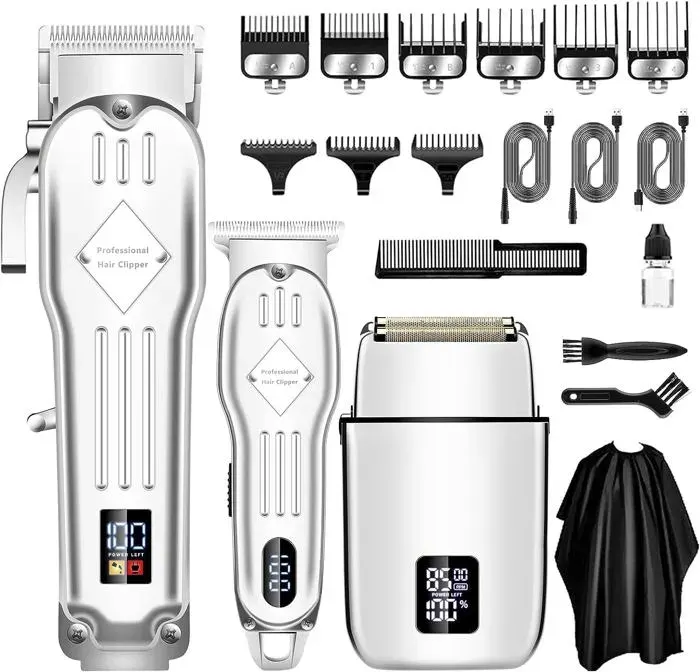 3 en 1 Tondeuses à cheveux professionnelles sans fil pour hommes rasoirs électriques à grille Argent