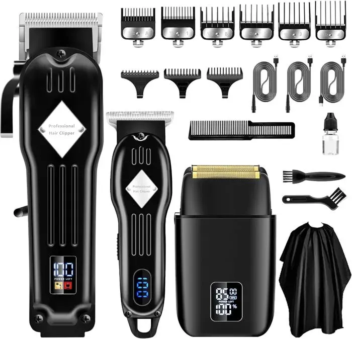 3 en 1 Tondeuses à cheveux professionnelles sans fil pour hommes rasoirs électriques à grille Noir
