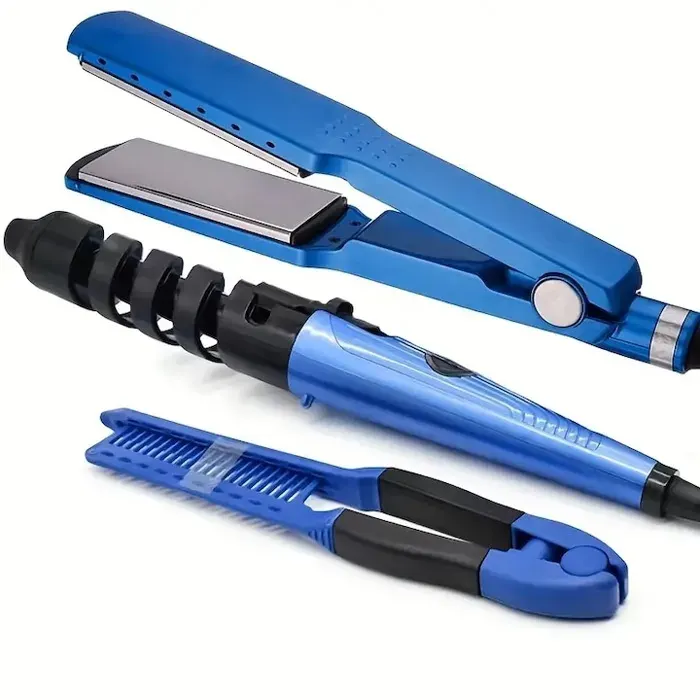 3 in 1 Set Silk Ceramic Hair Straightener & Curler 5 Temperature Levels Blue