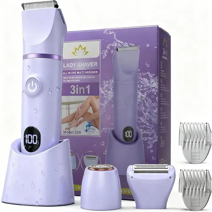 3 in 1 Womens Electric Shaver Intimate Trimmer IPX7 Waterproof Shaver Wet and Dry Use for Face Armpits Legs (Purple)