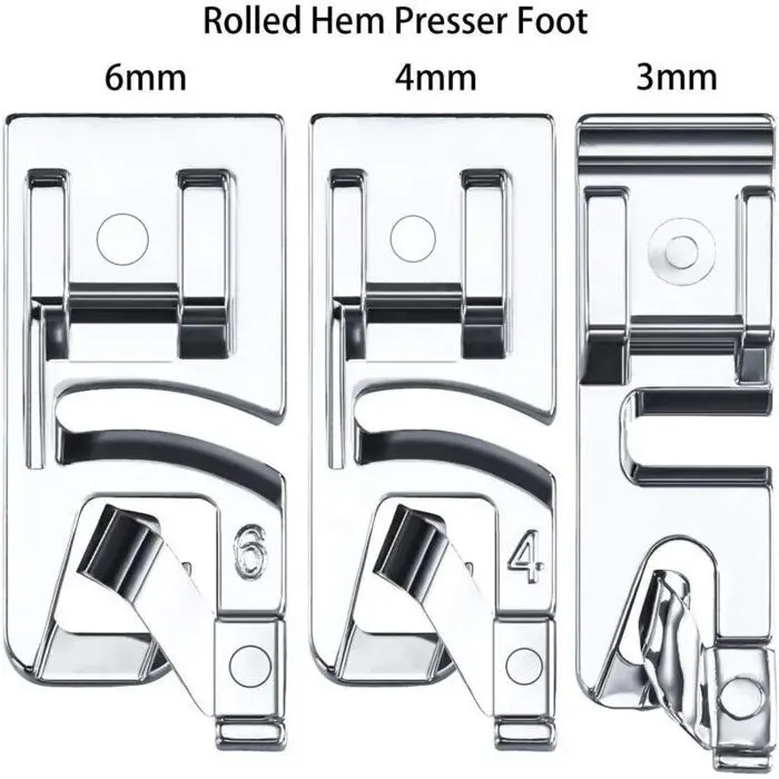 3 pieds presseurs – ourlet roulé – machine à coudre