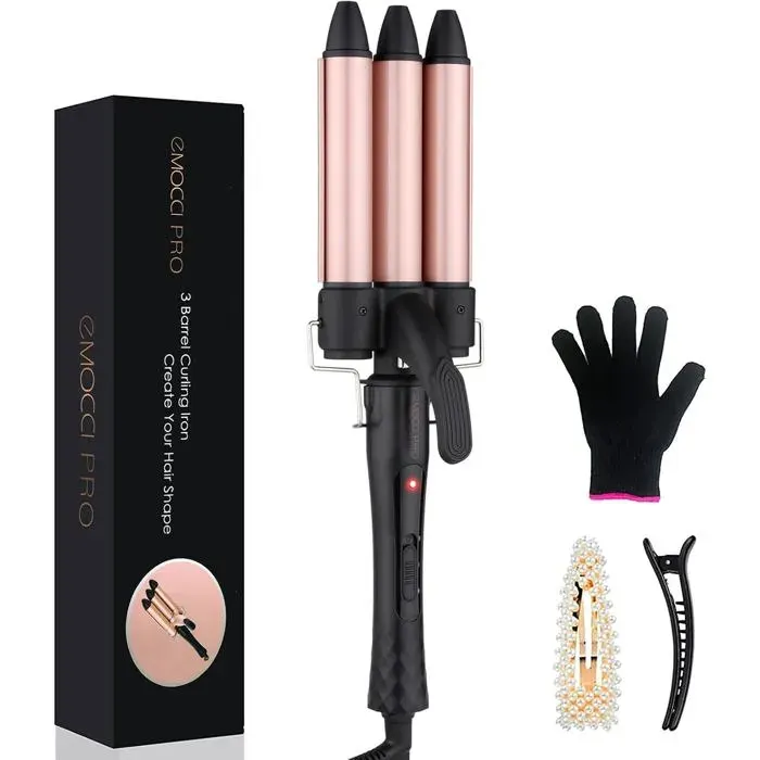 3 Têtes Fer à Boucler Onduler Friser Cheveux Curleur Céramique Bigoudis pour Long Courts avec Support en Métal 25mm