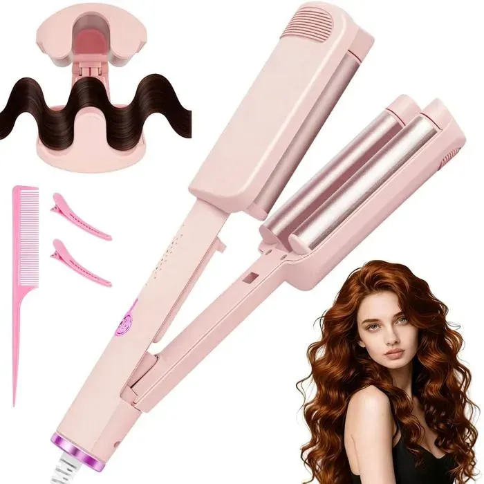 32mm Cheveux Wavy Fer à Boucler Fers à Onduler French Waves avec 4 Températures Réglables Cheveux Wavy Fer à Boucler Rose
