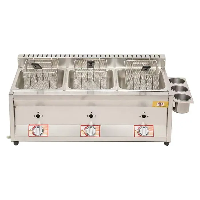 33L Friteuse À Gaz Grande Capacité avec Paniers et Couvercle Amovibles Puissance Réglable Usage Commercial avec 3 Cuves