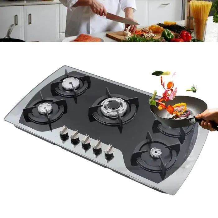 354 po GPL/NG Table de cuisson au gaz Cuisinière intégrée à 5 brûleurs Table de cuisson en verre trempé
