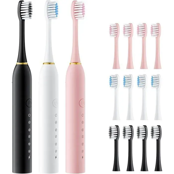 3pc Brosses à Dents Électriques Sonique 42000 Mouvements 6 Modes Minuterie 12 Têtes Noir Blanc Rose