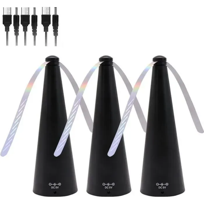 3pcs ventilateurs anti-mouches – Motif holographique rechargeable USB – Pour restaurant et camping – Noir