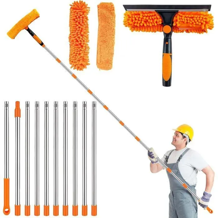 4.25M Nettoyeur de Vitre 3en1 Raclette VitreLave Vitre Telescopique avec Raclette en Silicone et Brosse en Microfibres (Ora Femeo