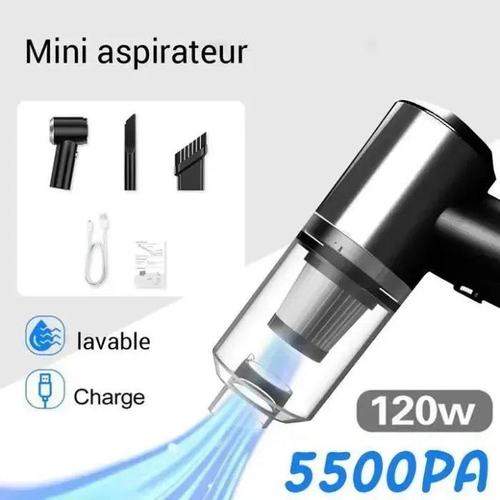 4 en 1 Aspirateur de Voiture Aspirateur à main - 5500PA - 120W avec Gonfleur pneu de Voiture et Lumière LED