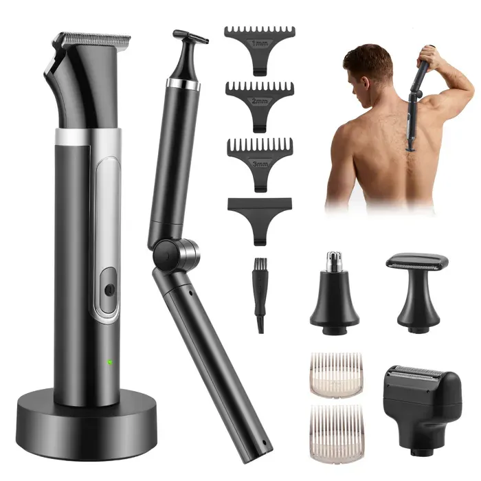 4 en 1 Rasoir électrique pour le dos pour hommes avec poignée pliable tondeuse à poils corporels sans fil rasoir pour corps
