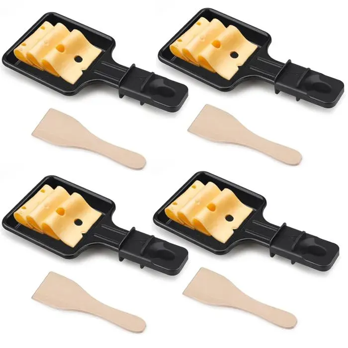 4 Poêlons à Raclette Carrés + Spatules Bois - Pour Grille Électrique - Fromage Oeufs