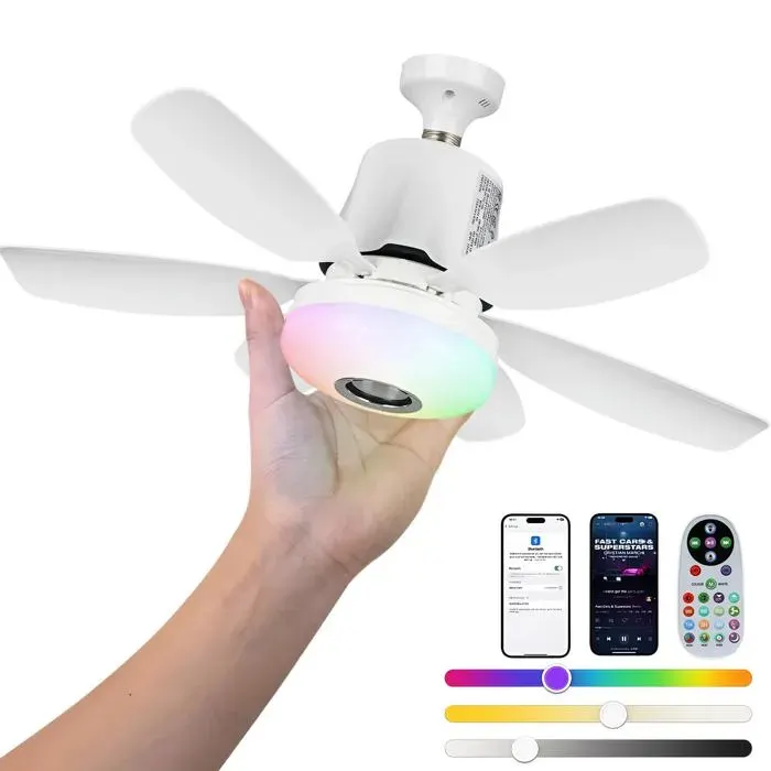 47cm RGB Ventilateur de plafond avec lumière 32W E27 socle Ventilateur de plafond à lumière variable 6 pales et télécommande — coloris Blanc