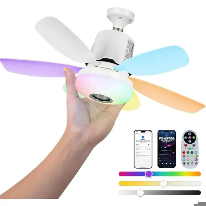 47cm RGB Ventilateur de plafond avec lumière 32W E27 socle Ventilateur de plafond à lumière variable avec 3 vitesses 6 pales