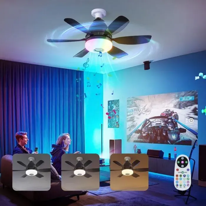 47cm RGB Ventilateur de plafond avec lumière32W E27 socle Ventilateur de plafond à lumière variable avec 3 vitesses6pales Noir