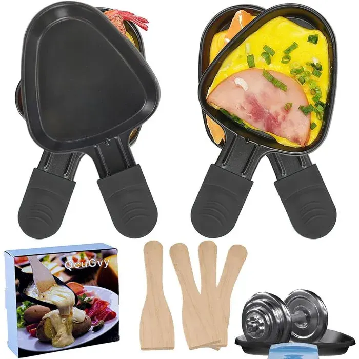 4Pcs Poelon Raclette Triangle 18X10Cm Revêtement Antiadhésif Mini Poelon Raclette Avec Matériau Épaissi Avec 4 Pelles En Boi[AA119]