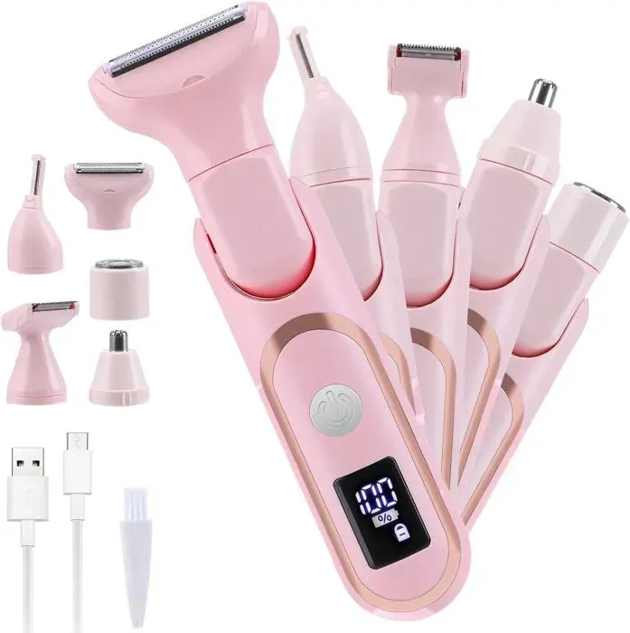 5 en 1 Épilateur électrique pour femme rasoir électrique étanche et indolore rechargeable (rose)