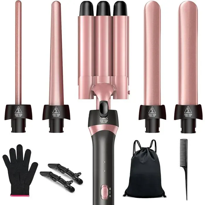 5 En 1 Fer À Boucler & Set De Ferveur À 3 Barils Avec Barils Céramiques Interchangeables Chauffe Rapide Outils De Voyage Double