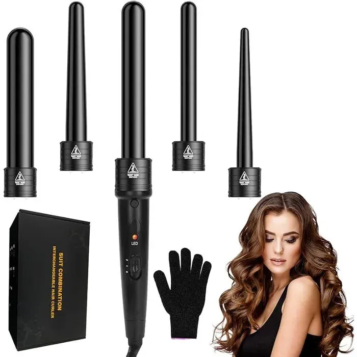 5 en 1 Fer à Friser Céramique Fer a Boucler Multifonction Boucleur a Cheveux Interchangeable Boucleur a Cheveux ave FER A FRISER — coloris Noir