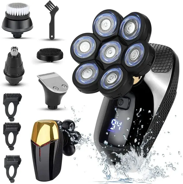 5 en 1 Rasoir Electrique 7D pour Hommes Chauves Rasoir Rotatif Rechargeable Affichage LED Noir