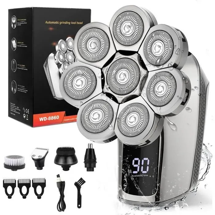 5 en 1 Rasoir électrique étanche Homme Rasoir Tête Chauve ave 8 Têtes Rotatives écran LED et Brosse Rasoir électrique et Rasoir Nez